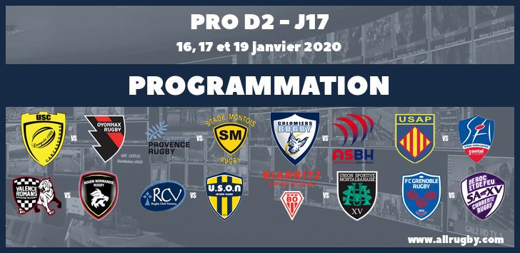 Pro D2 : les horaires de la 17ème journée (les 16, 17 et 19 janvier 2020)
