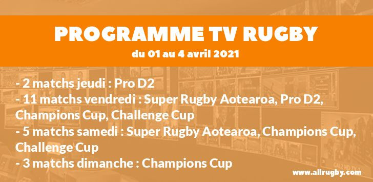 Programme TV Rugby pour le weekend du 1er au 4 avril 2021