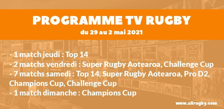 Programme TV Rugby pour le weekend du 29 avril au 2 mai 2021